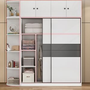 Graceful Minimalist White Sliding Door Wardrobe with Side Display Shelves – Versatile 71″ to 86.5″ Modular System in 18 Styles