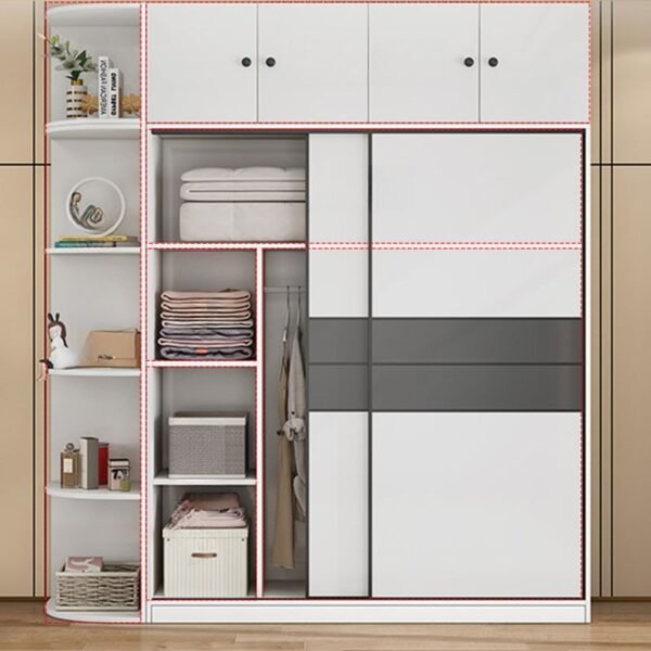 Modern Minimalist White Sliding Door Wardrobe with 86.5-inch height, featuring top dual-door cabinets and a Side-Shelf Integrated Armoire for lifestyle display.