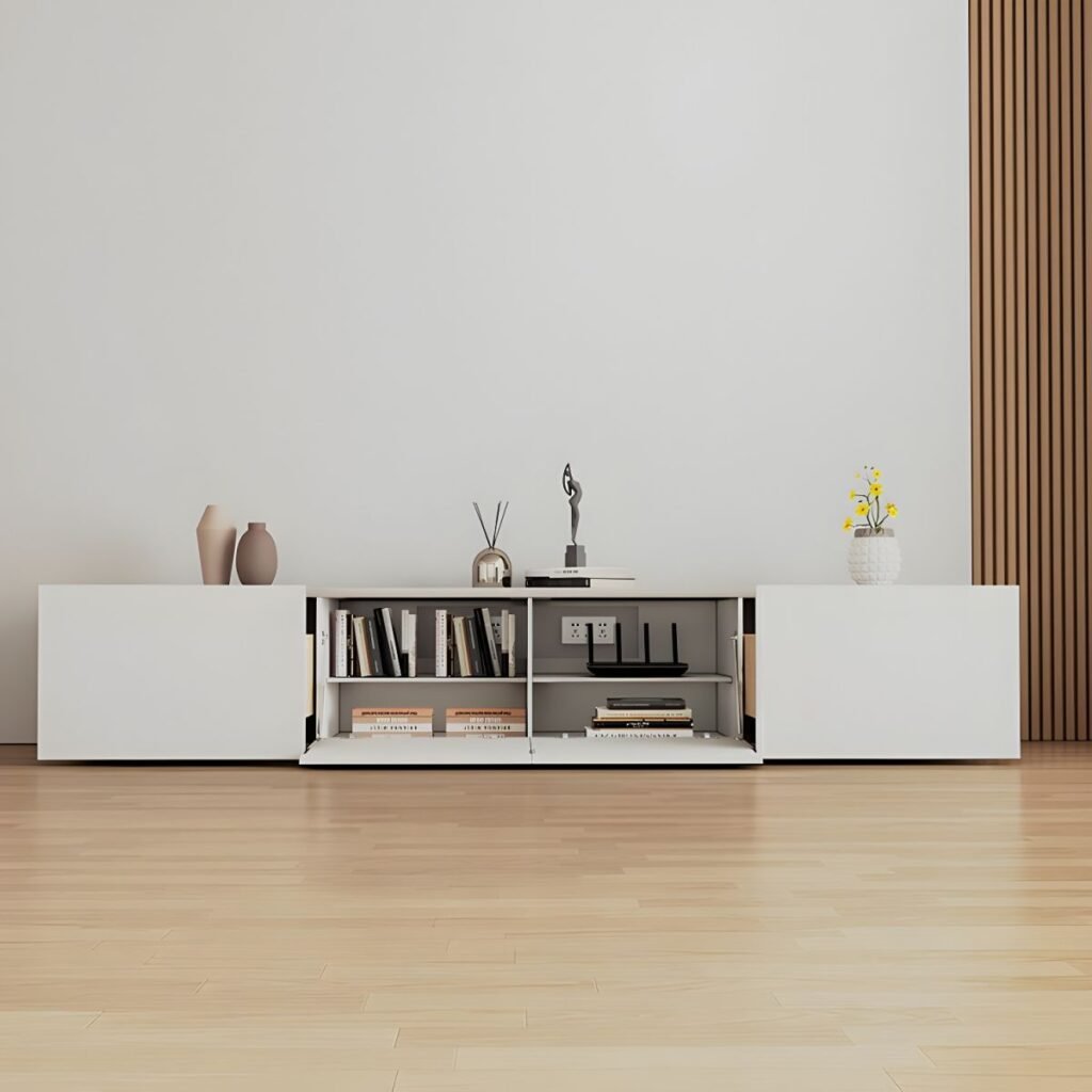 Apexerahomelife Sleek White Media Console Table 240cm, showing a minimalist white facade with 2 side drawers and a center drop-down door on E0 wood.