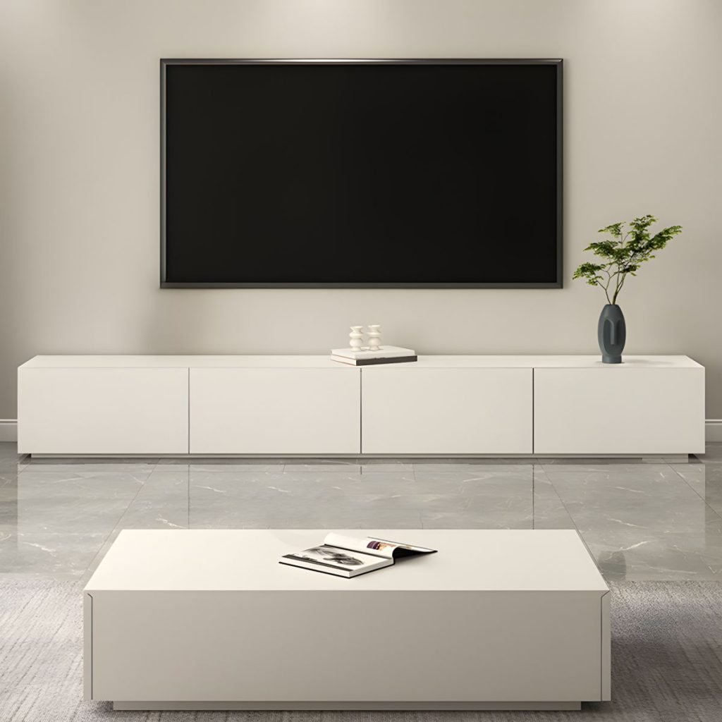 Apexerahomelife Seamless White Linear TV Stand available in 240cm length, featuring a pure white finish, central gas lift flap door, side drawers with hidden handles, and high-quality E0-grade wood texture.