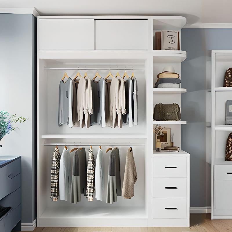 White Minimalist Manufactured Wood Wardrobe Closet with 2 Drawers, Interior Shelves, and Clothing Rod - Image 2