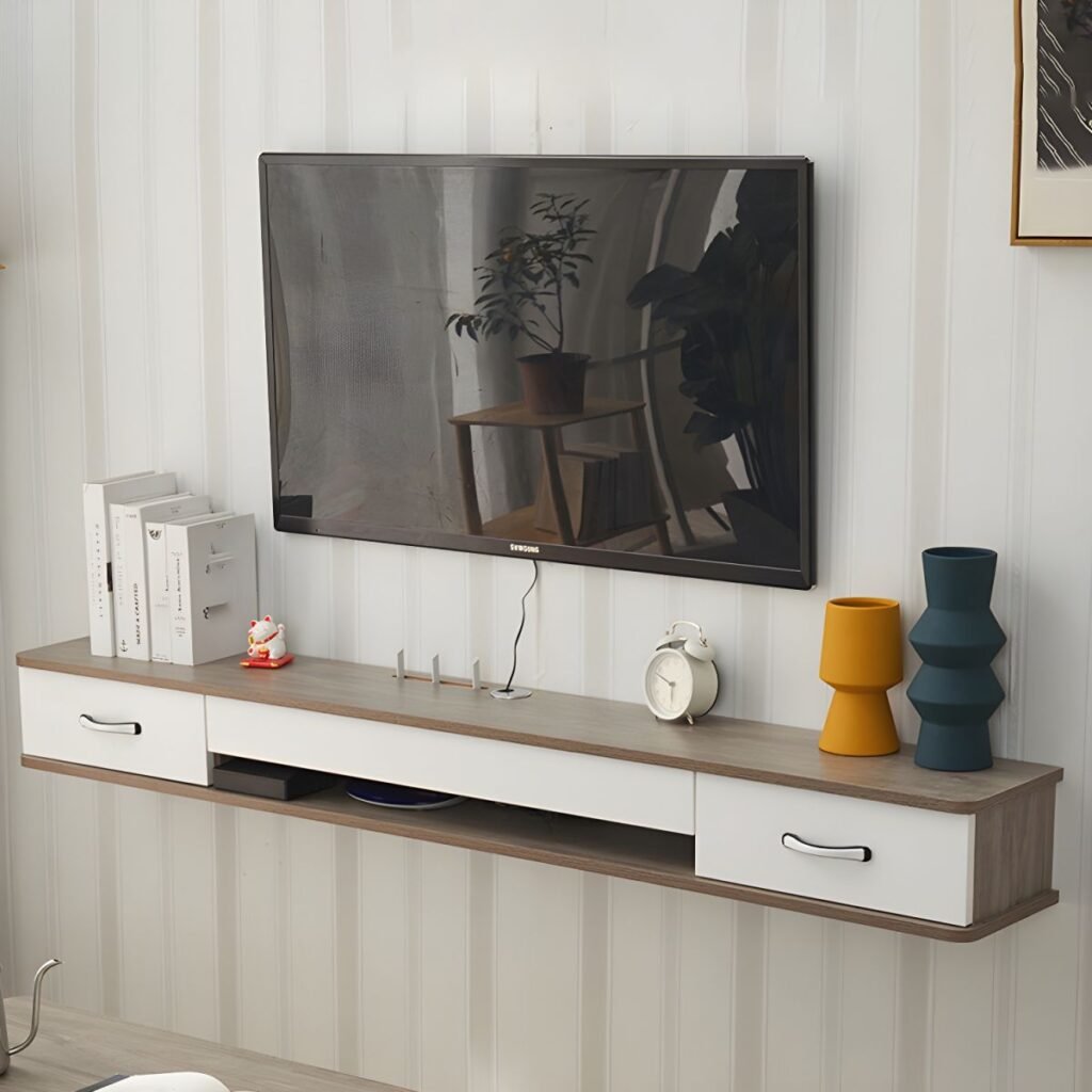 1200x120010 26 Sleek Floating Grey White TV Stand with 2 Drawers, 40 inch Wall Mounted Media Console in Tricolor Wood Finish