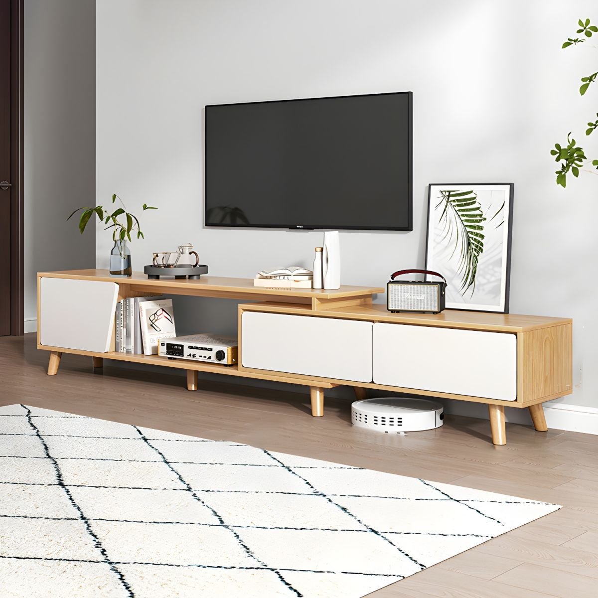 3-Drawer Modern Wood TV Stand with Open Storage and Cable Management - Image 2