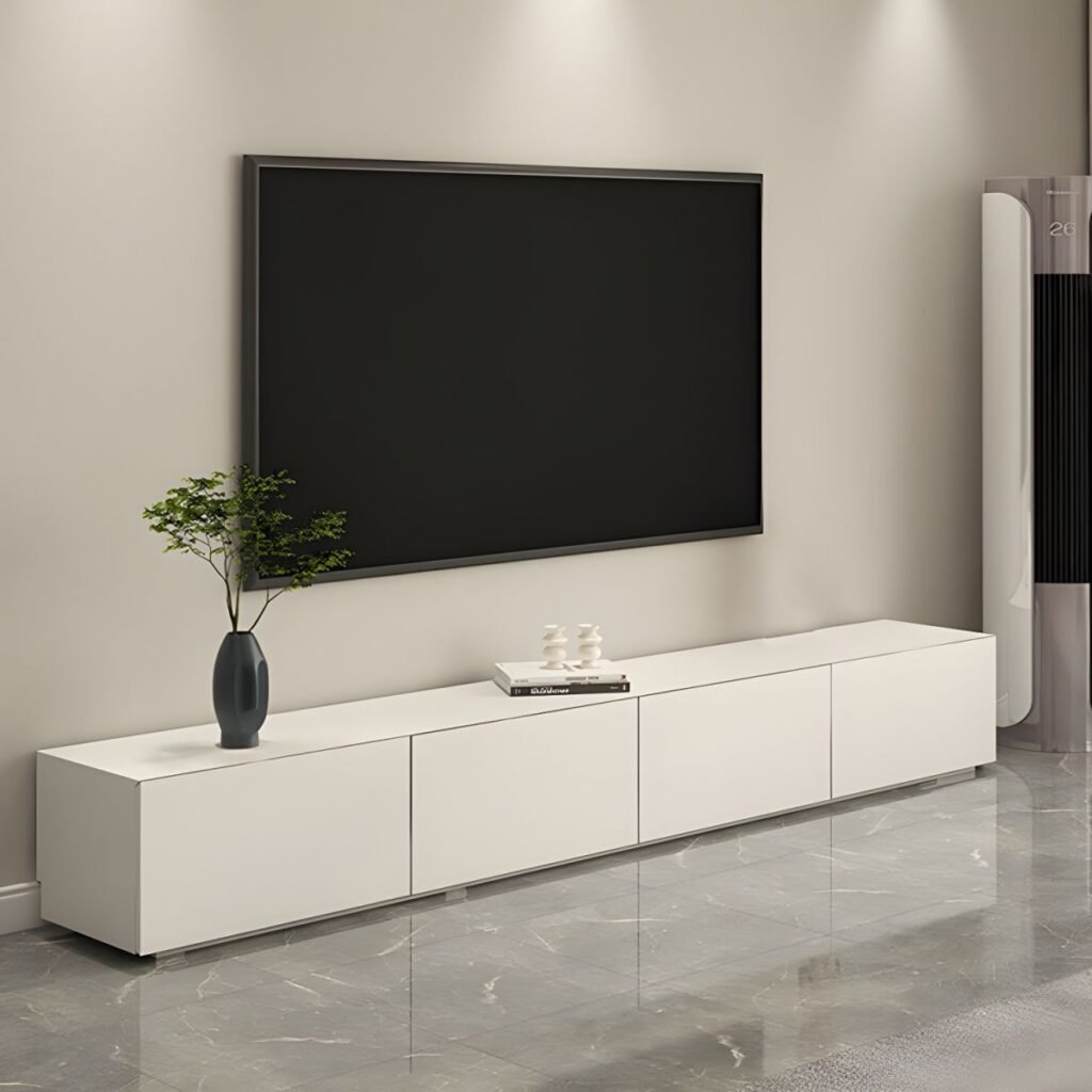 1200x120010 31 Ultra Sleek White TV Console with Gas Lift Flap Door, 59-94 inch Versatile Media Base for Modern Large Living Rooms