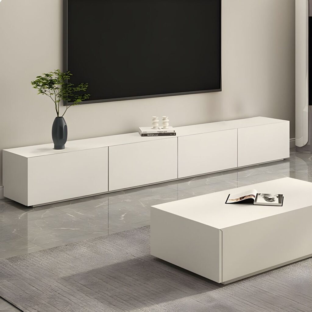 1200x120010 33 Seamless White Linear TV Stand with Gas Lift Flap Door, 59-94 inch Stunning Media Base for Modern Minimalist Homes