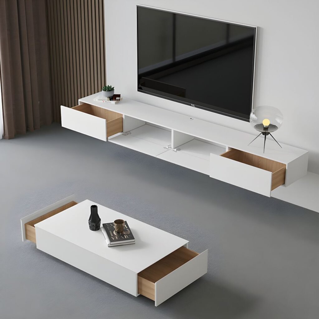 1200x120010 34 Sleek White Floating TV Stand with 2 Drawers, Stunning 71 inch Wall Mounted Media Console for Modern Luxury Spaces