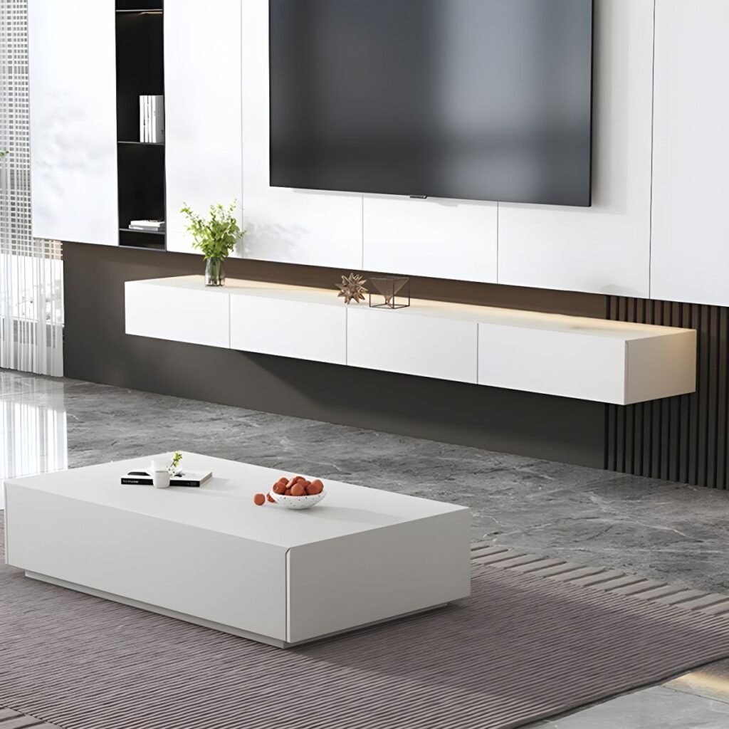 1200x120010 36 Floating White Media Console with 2 Drawers, Stunning 94 inch Wall Mounted Entertainment Unit for Modern Living