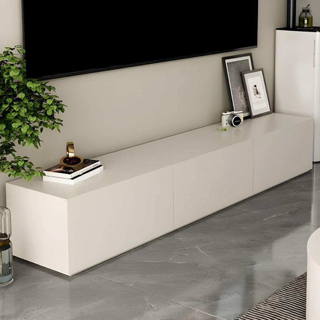 1200x120010 40 Seamless White Drawer Media Base, Radiant 94 inch Minimalist TV Unit with 4 Buffer Drawers for Modern Lounges