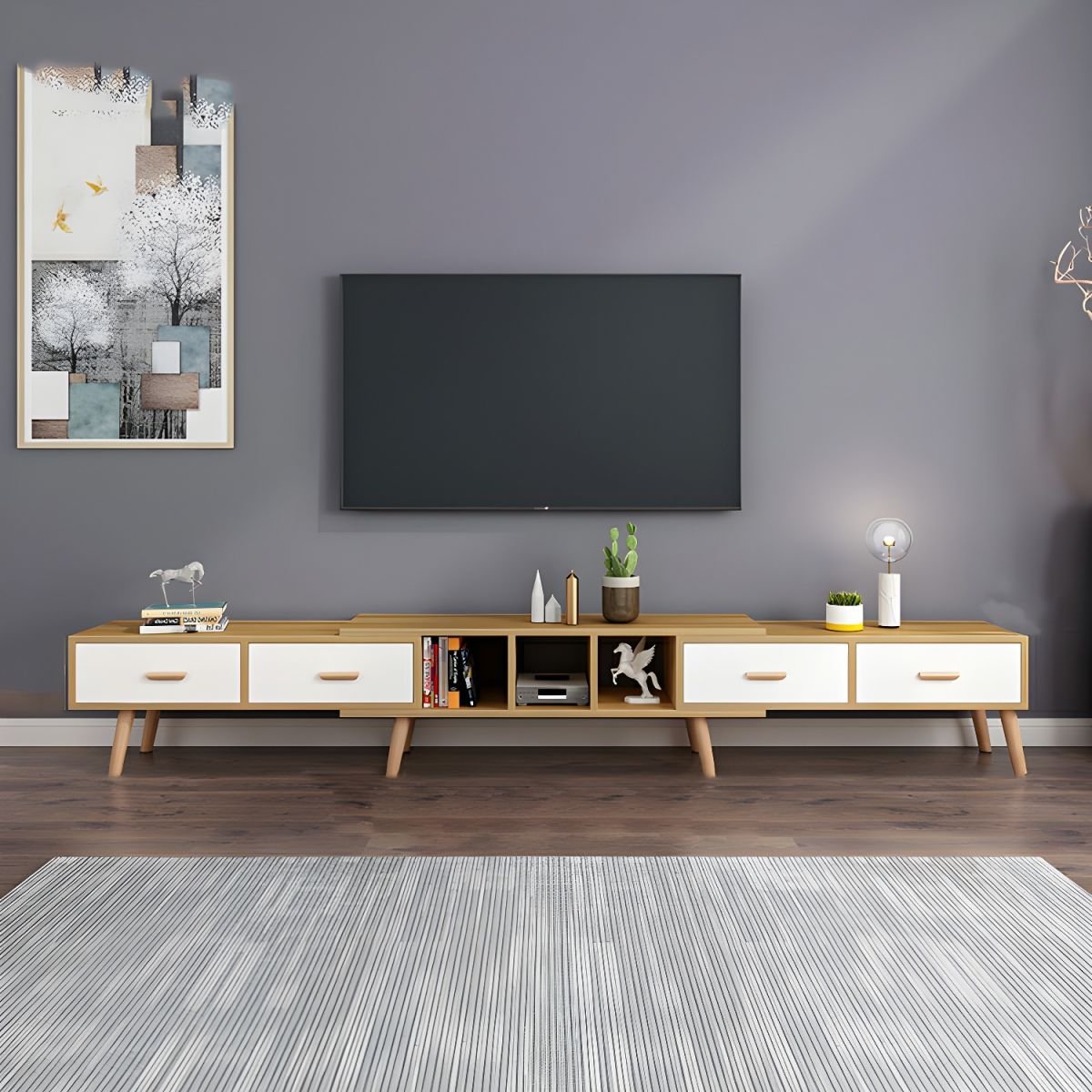 Scandinavian Style Wood TV Stand with Open Shelving, Low Profile, No-Drilling Holes, 30cm Width - Image 9