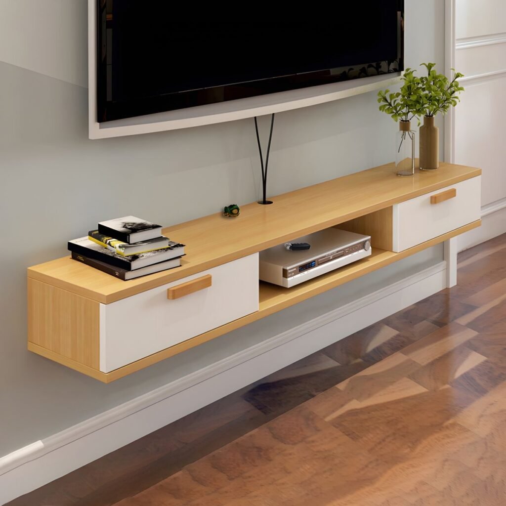 1200x120011 15 Natural Color Lumber TV Stand with Exposed Storage, Shelf, 2-Drawer & Cable Management