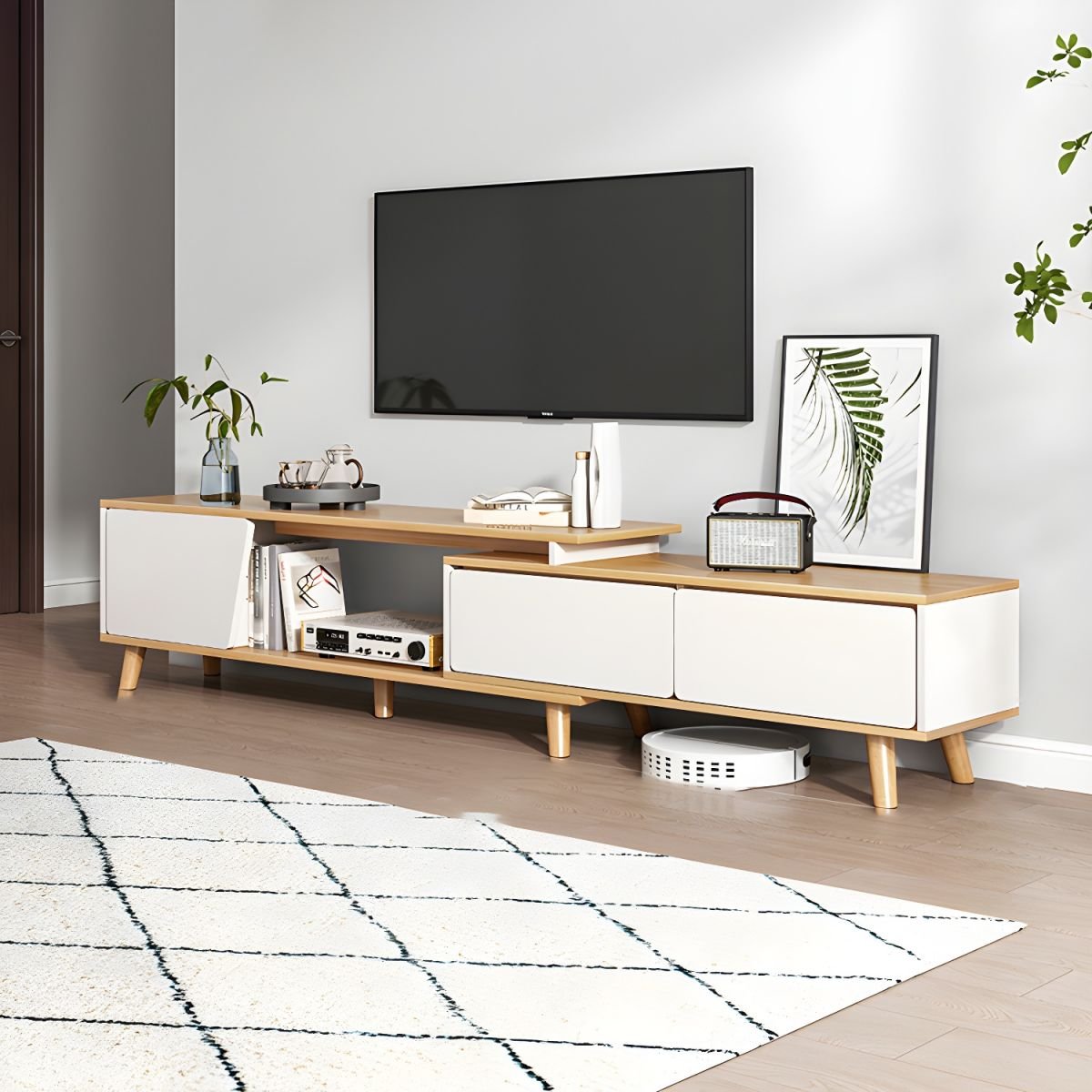 3-Drawer Modern Wood TV Stand with Open Storage and Cable Management - Image 3