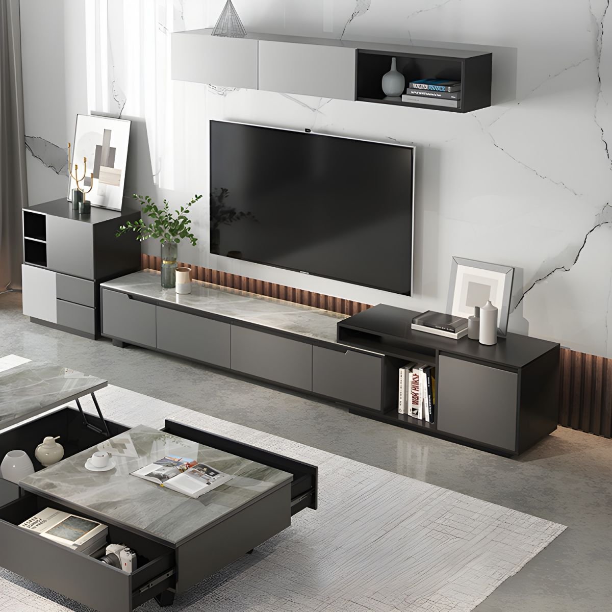 Dove Grey Minimalist Wooden TV Stand with Shelf, 2-Drawer, Closet, and Open-air Storage - Image 9