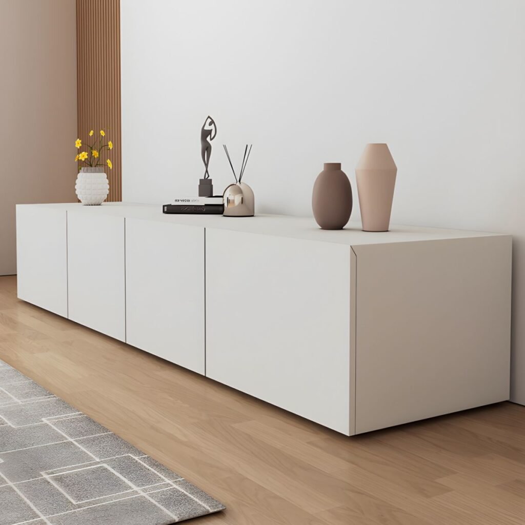 1200x120011 23 Sleek White Media Console Table, Radiant 94 inch Minimalist TV Stand with Drop-down Storage for Modern Homes