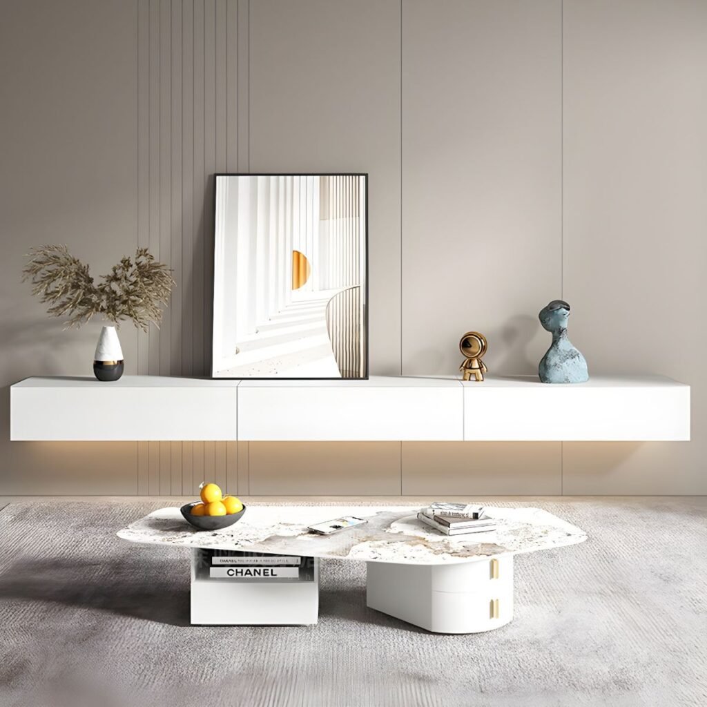 1200x120011 24 Modern White Floating TV Stand with 3 Storage Drawers, 71 inch Elegant Wall Mounted Media Console for Chic Living Room
