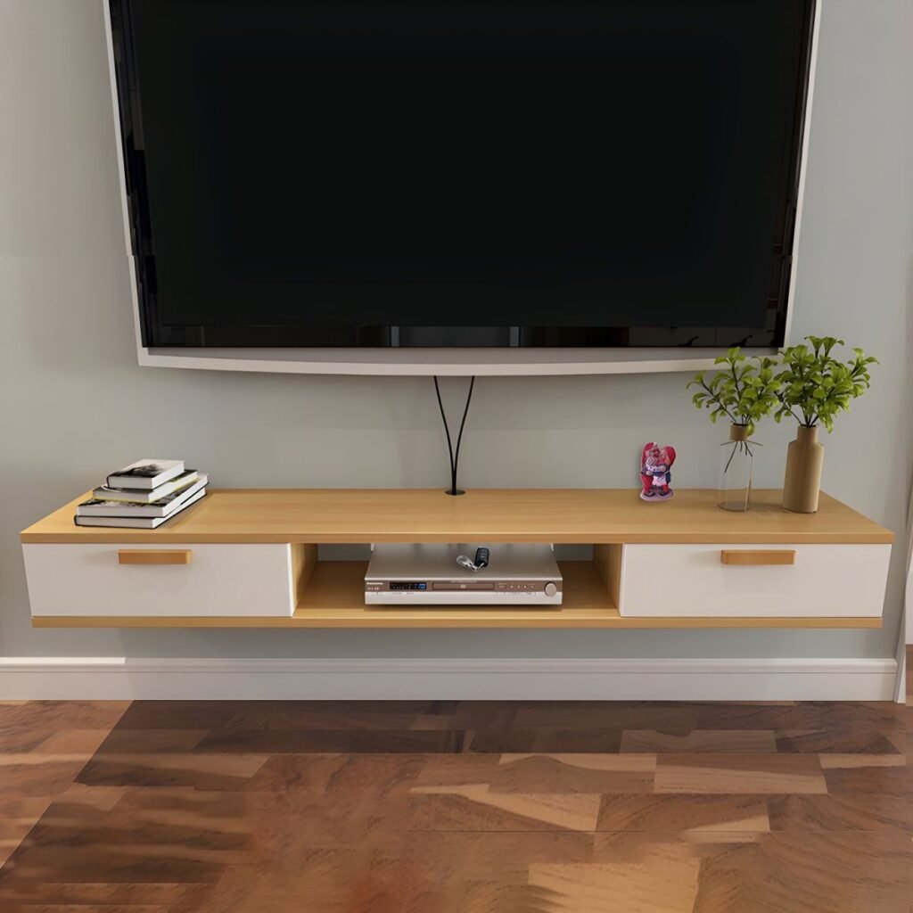 1200x120012 11 Natural Color Lumber TV Stand with Exposed Storage, Shelf, 2-Drawer & Cable Management