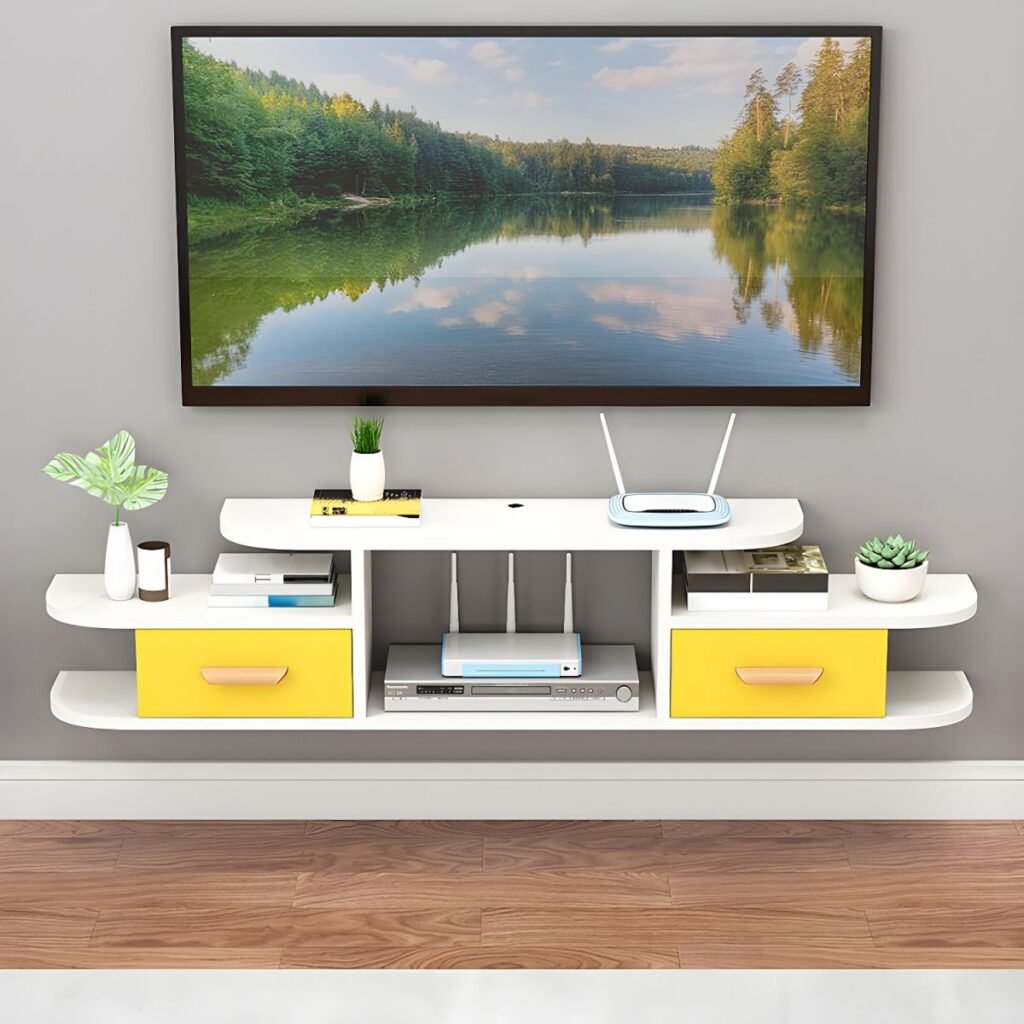 1200x120012 13 Sleek Floating Media Shelf with 2 Drawers, 47 inch Vibrant Wall Mounted TV Stand for Modern Compact Living