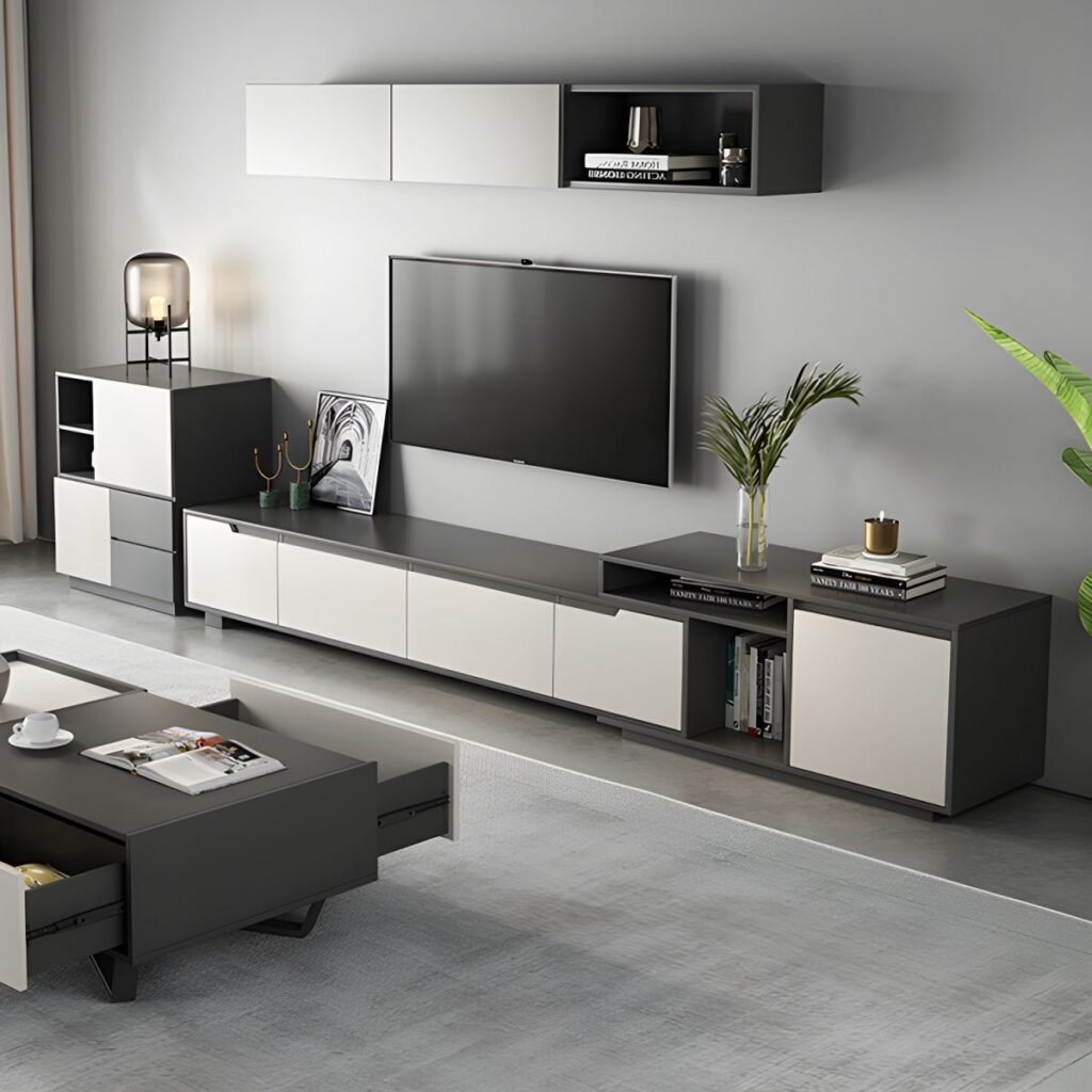 1200x120012 14 Extra Long Two Tone TV Stand with 4 Drawers, Stunning 114 inch Modern Media Console for Spacious Living Rooms