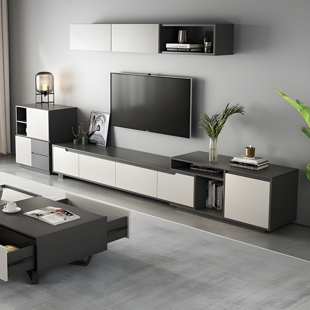 Dove Grey Minimalist Wooden TV Stand with Shelf, 2-Drawer, Closet, and Open-air Storage - Image 10