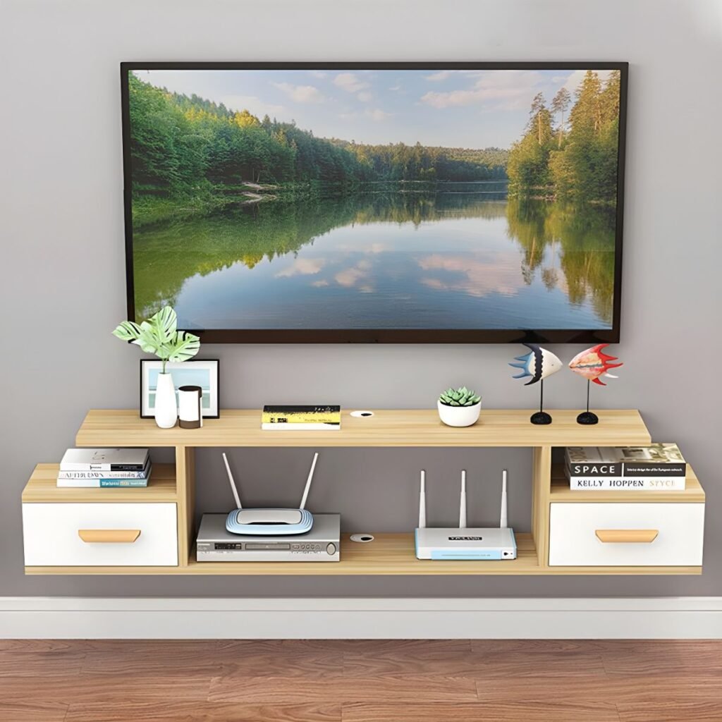 1200x120013 7 Sleek Floating Media Shelf with 2 Drawers, 47 inch Vibrant Wall Mounted TV Stand for Modern Compact Living