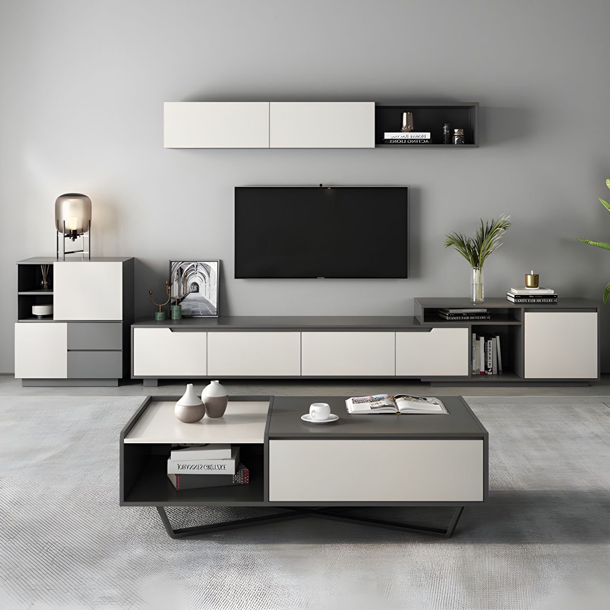 Dove Grey Minimalist Wooden TV Stand with Shelf, 2-Drawer, Closet, and Open-air Storage - Image 11