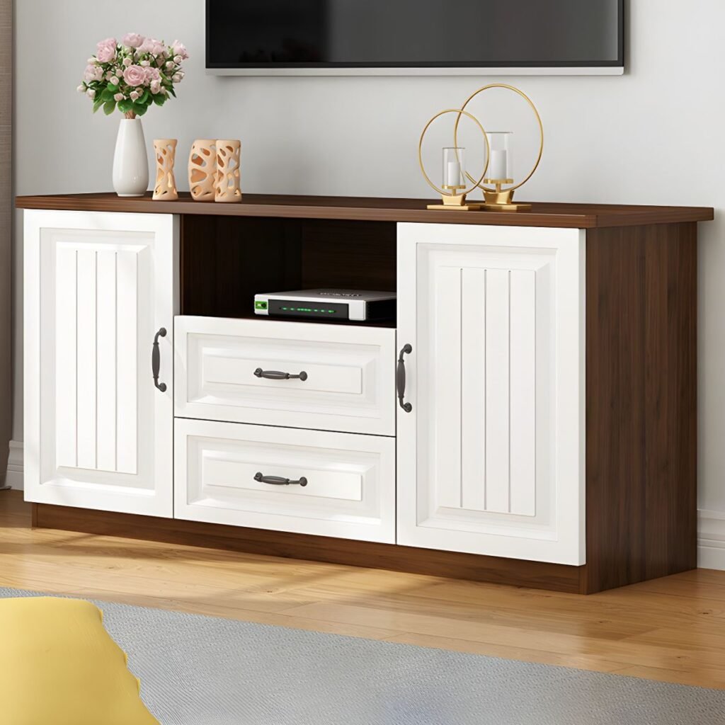1200x120013 9 Scandi Wood Paneled Media Base with Drawers, Charming 63 inch Mid-Height Console for Cozy Living