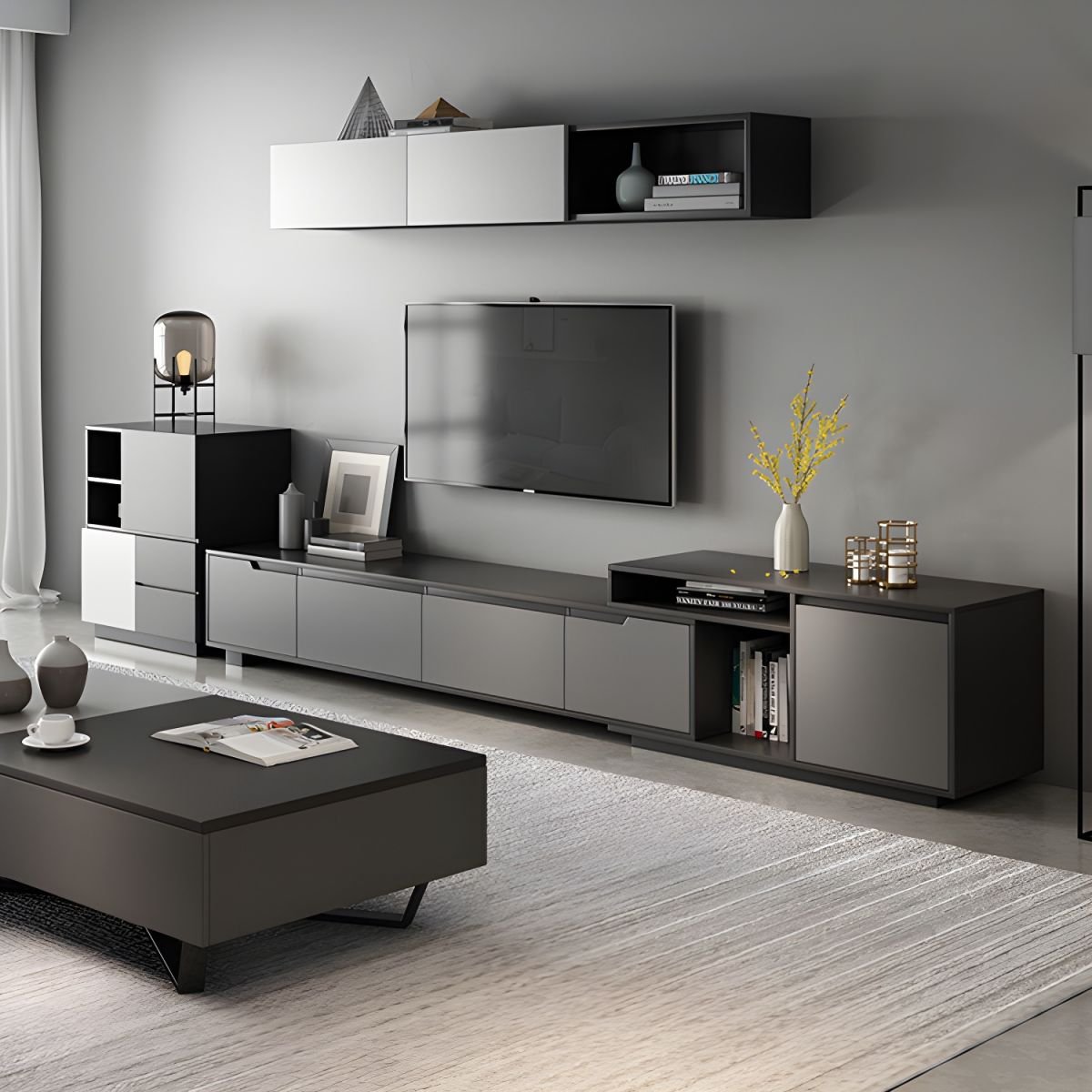 Dove Grey Minimalist Wooden TV Stand with Shelf, 2-Drawer, Closet, and Open-air Storage - Image 12