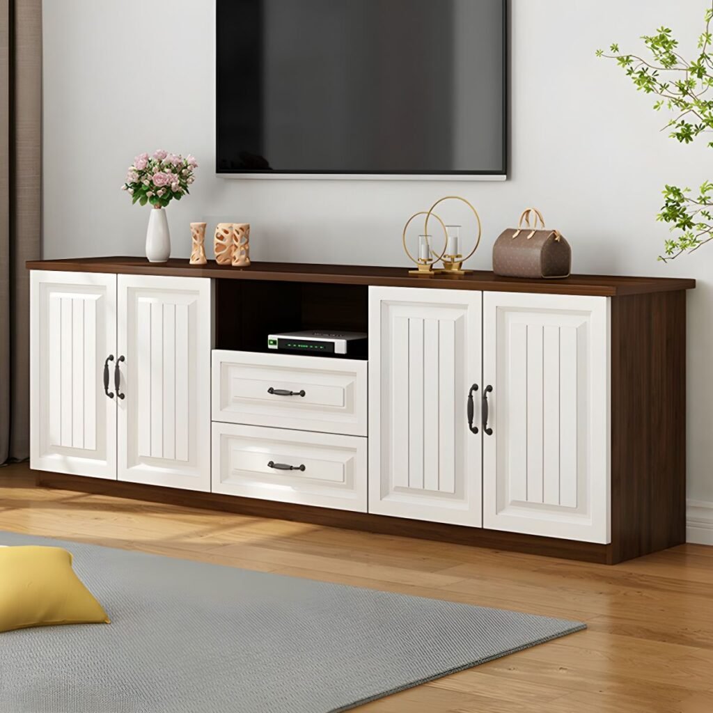1200x120014 7 Scandi Wood Paneled Media Base with Drawers, Charming 63 inch Mid-Height Console for Cozy Living