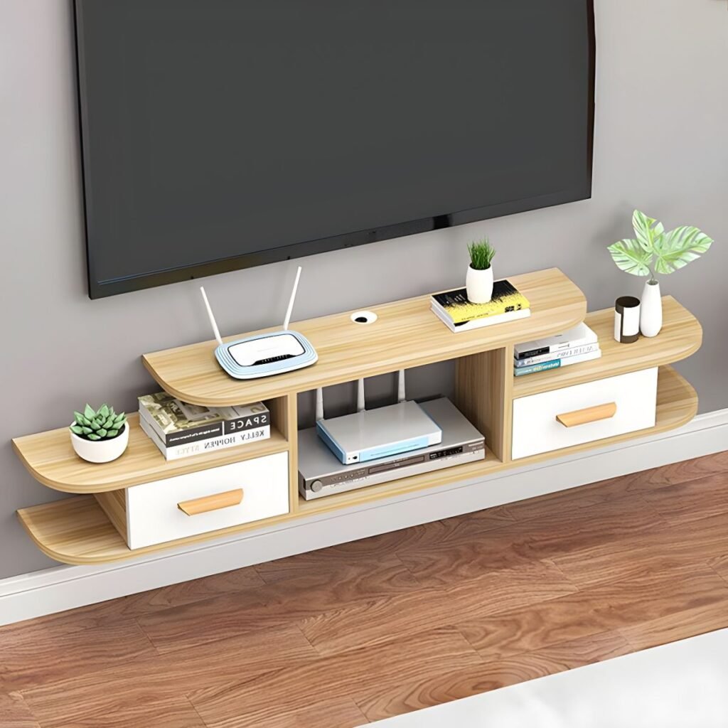 Apexerahomelife Sleek Floating Media Shelf in 47-inch length, showcasing a vibrant color-block wall-mounted design with 2 drawers, exposed sleek handles, and premium E0-grade sustainable wood texture.