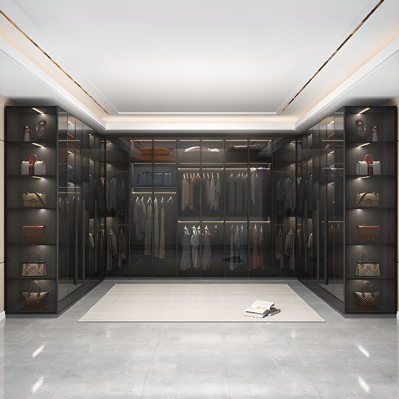 Gray Minimalist Laminate Cabinet Armoire with Soft Close Drawer, Soft Close Glass Door, Interior Shelves, and Clothing Rod - Image 4