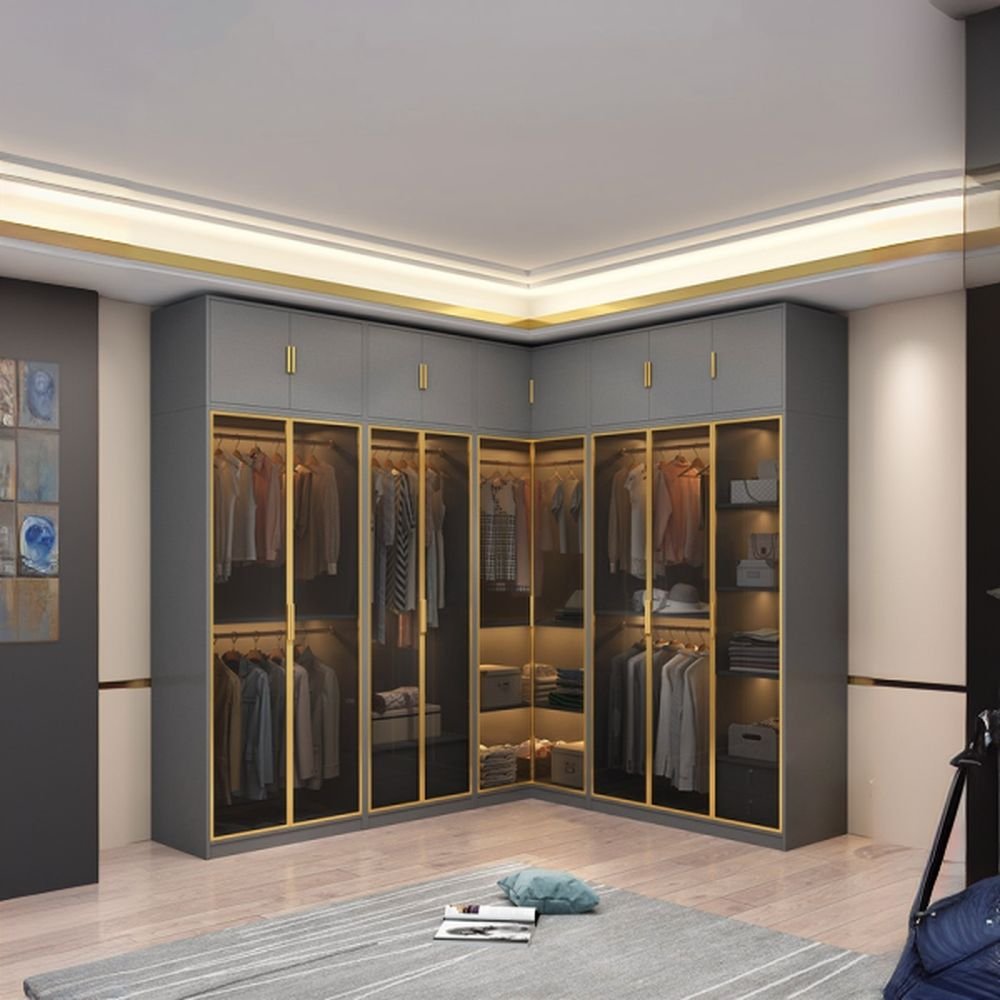 Storm Gray Minimalist Laminate Cabinet Armoire with Soft Close Drawer, Soft Close Glass Door, Interior Shelves, and Clothing Rod - Image 3