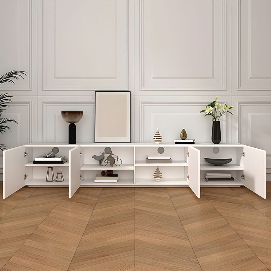 1200x12002 123 Sleek Modern White TV Console with 86.5-inch Handless Cabinet Storage, Sophisticated Eco-Friendly E0 Media Stand for Luxury Living