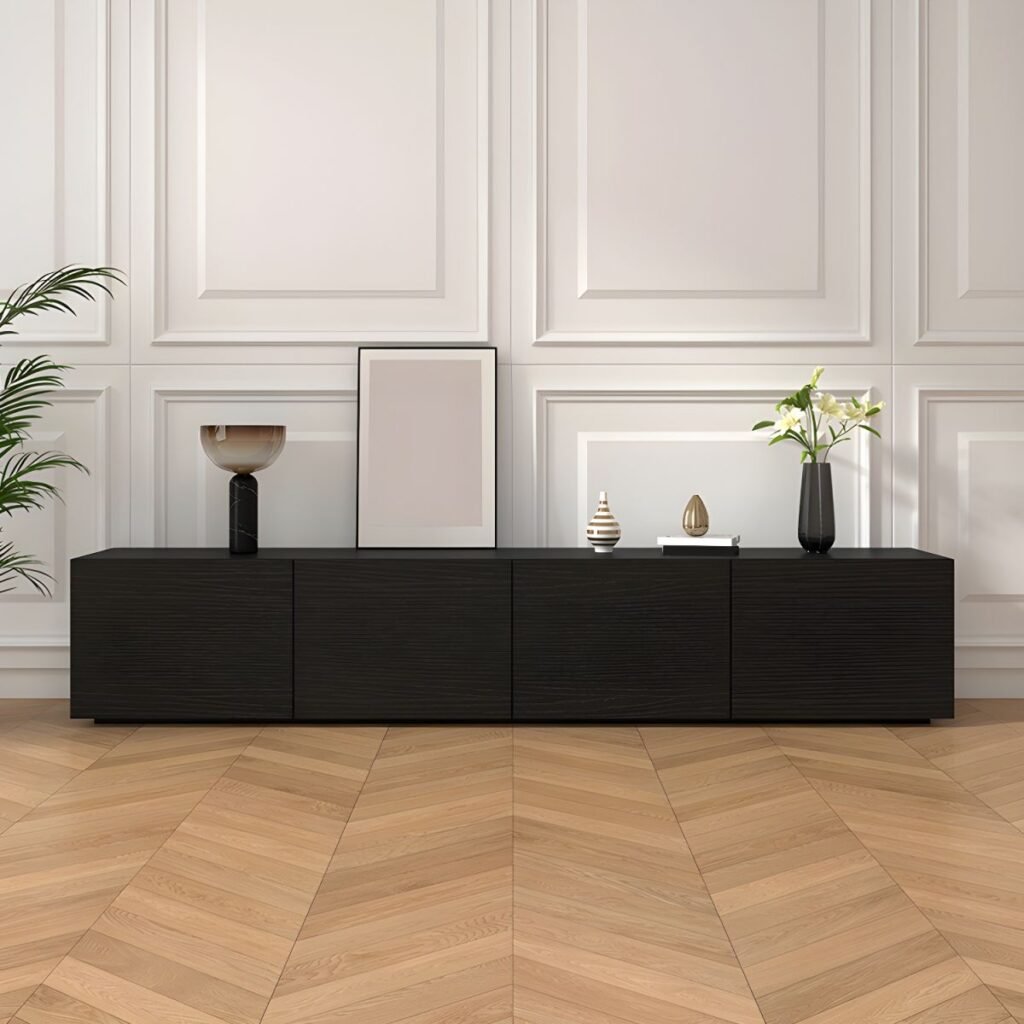1200x12002 124 Sophisticated Black Wood TV Stand with 4 Hidden Handle Drawers, 86.5-inch Modern Minimalist Media Console for Large Screen TVs