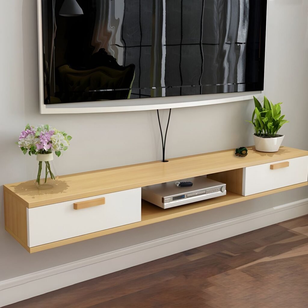 1200x12002 128 Natural Color Lumber TV Stand with Exposed Storage, Shelf, 2-Drawer & Cable Management
