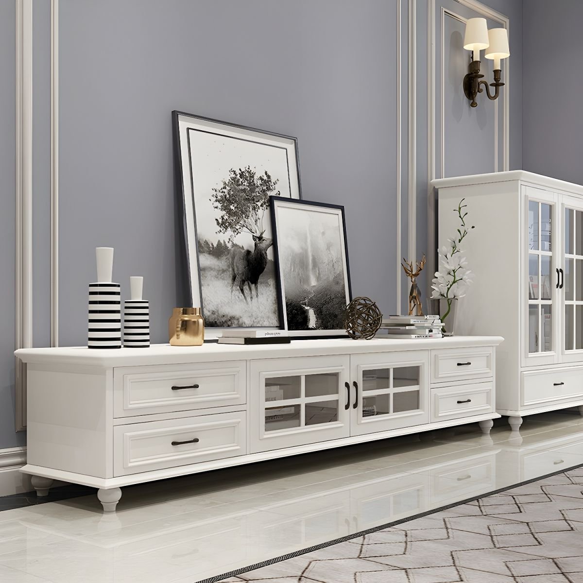 2 Tiers & 2-Door Rectangle Matte Solid Wood+Manufactured Wood Adjustable Shelf TV Stand for Living Room - Image 3