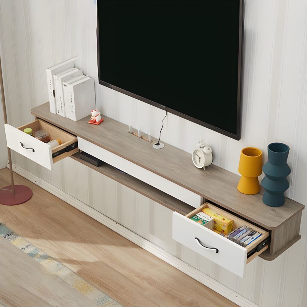 1200x12002 130 Sleek Floating Grey White TV Stand with 2 Drawers, 40 inch Wall Mounted Media Console in Tricolor Wood Finish
