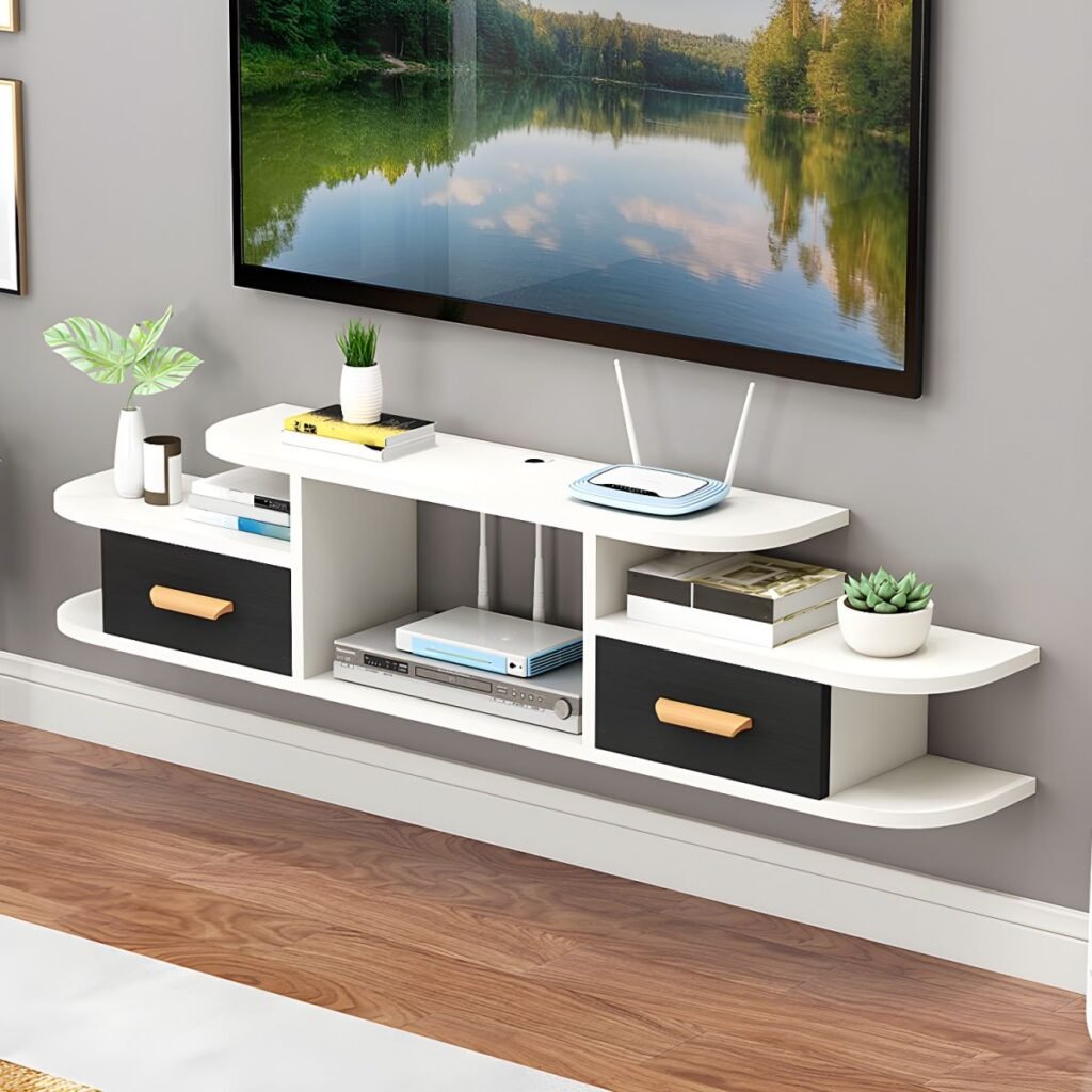 1200x12002 132 Sleek Floating Media Shelf with 2 Drawers, 47 inch Vibrant Wall Mounted TV Stand for Modern Compact Living