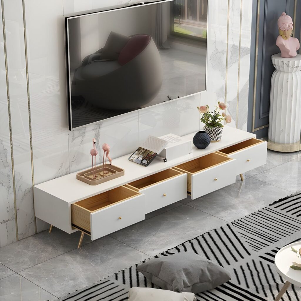 1200x12002 133 Elegant White 4 Drawer TV Stand featuring Modern Minimalist Design, 79 inch Large Media Console for Luxury Living