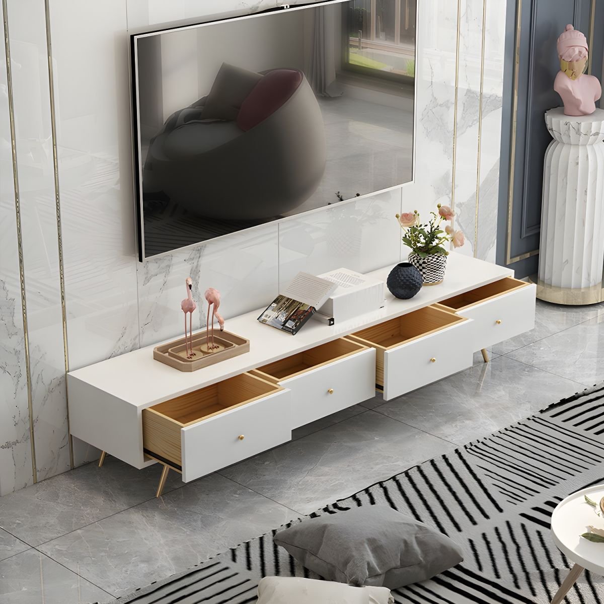 Contemporary Solid+Manufactured Wood TV Stand with 4 Drawers, Closet, and Cable Management - Image 3