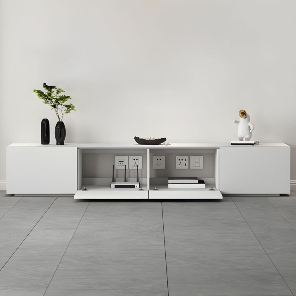 1200x12002 138 Chic White Gas Lift TV Stand with Hidden Handles, 59 inch Sophisticated Media Console for Modern Luxury Living