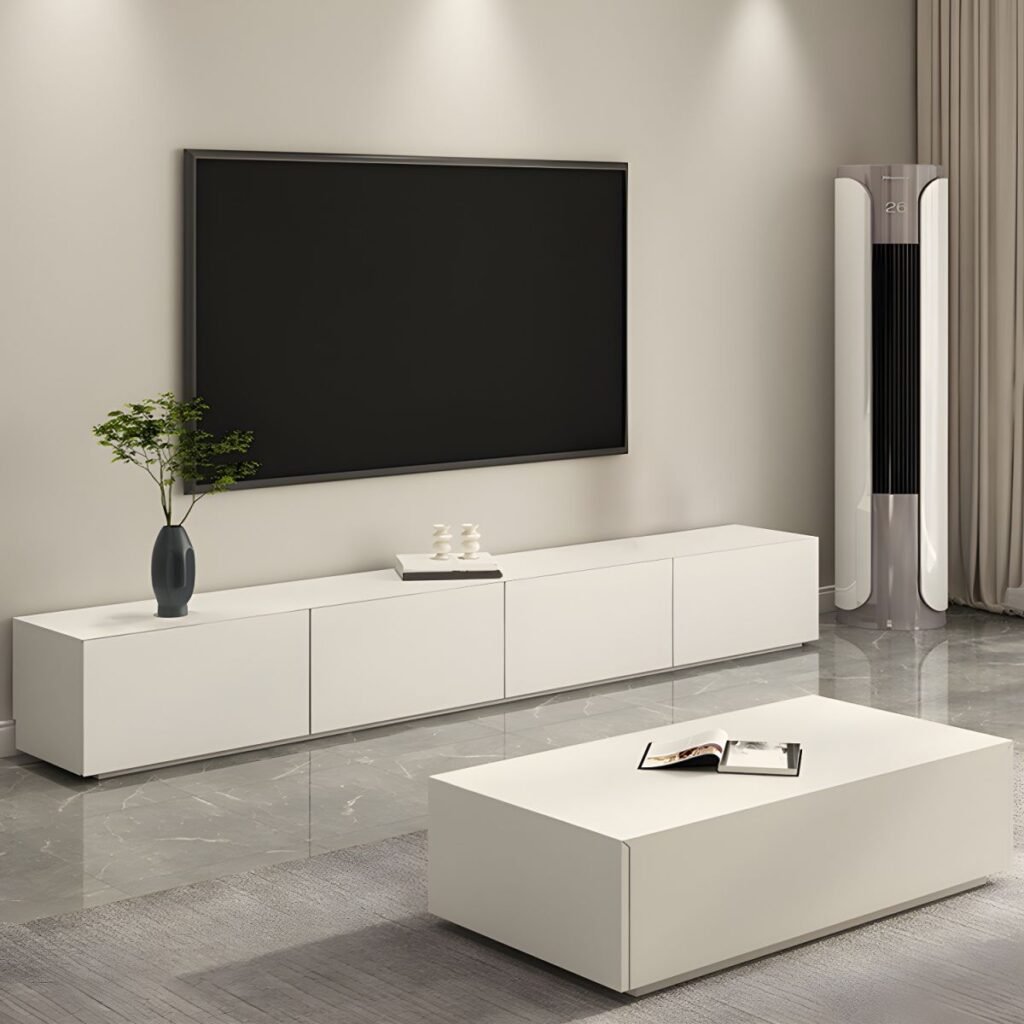 1200x12002 139 Ultra Sleek White TV Console with Gas Lift Flap Door, 59-94 inch Versatile Media Base for Modern Large Living Rooms