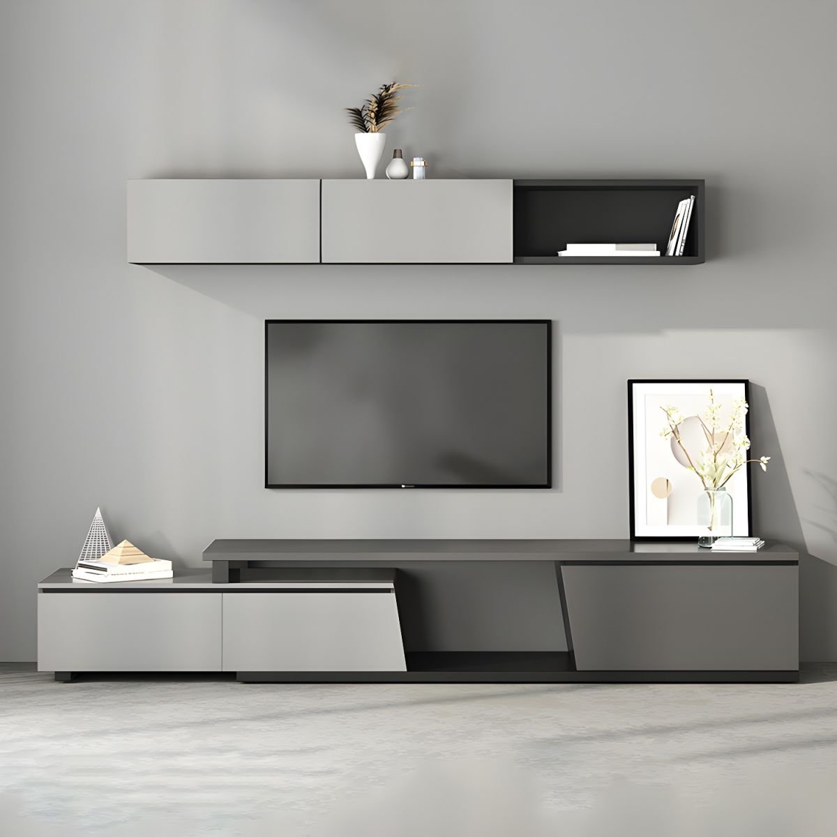 Dove Grey Minimalist Wooden TV Stand with Shelf, 2-Drawer, Closet, and Open-air Storage - Image 4