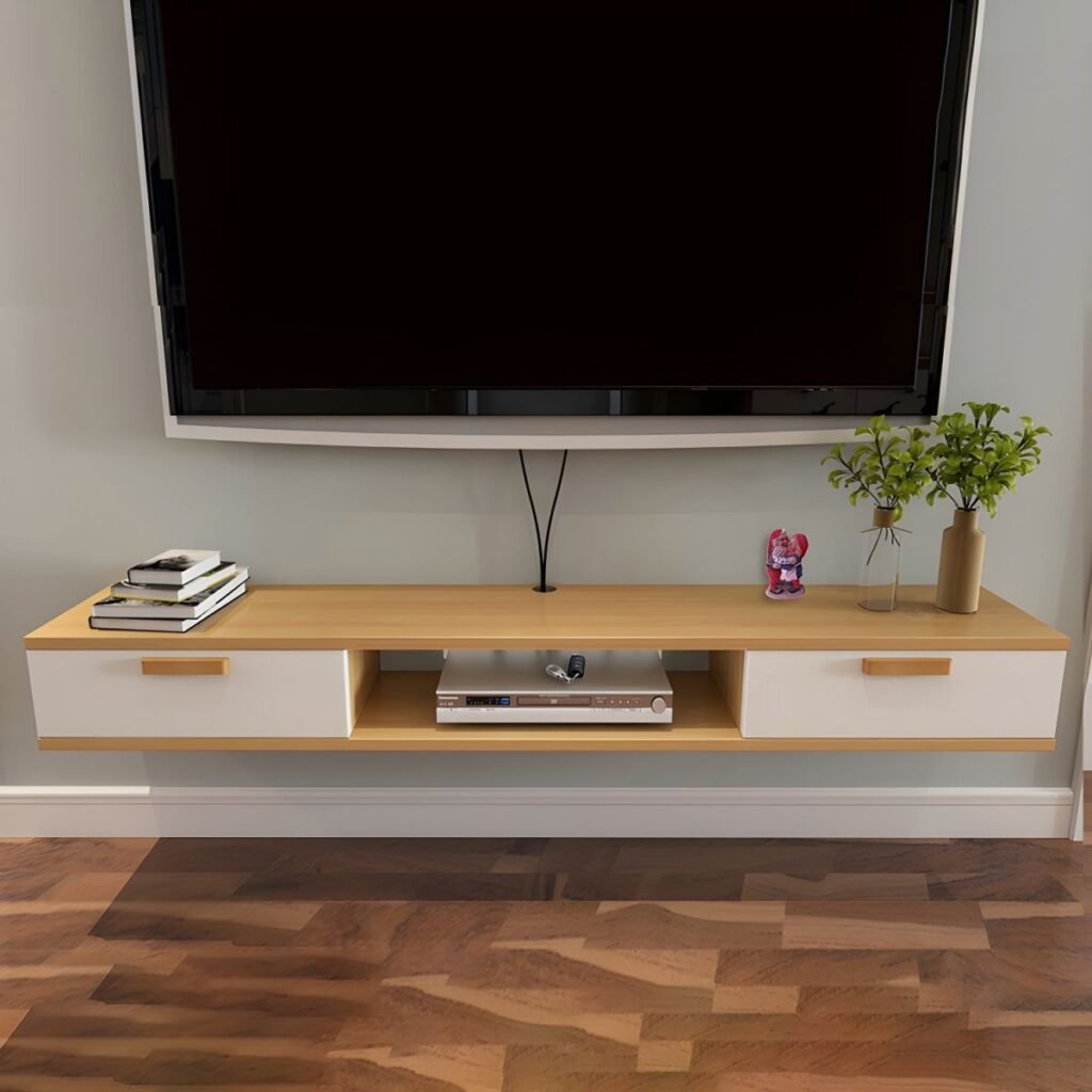 1200x12002 142 Modern Oak White Floating Console with Open Shelf, 39 inch Charming Wood Tone Wall Mounted Media Center
