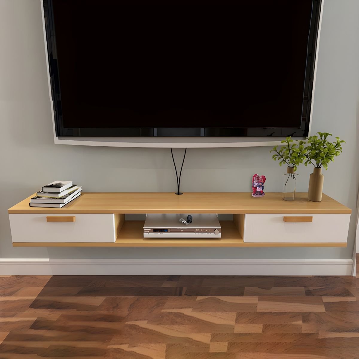 Nordic Wall-Mounted TV Console Solid Wood 2-Drawer Floating TV Stand Console - Image 3