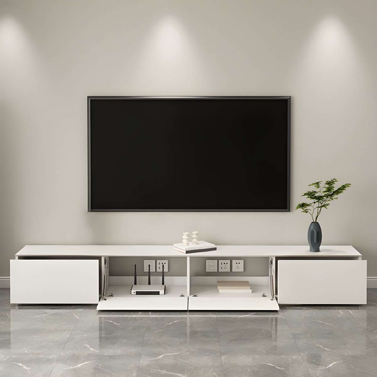 White Art Deco Wooden TV Stand with 2 Drawers and 2 Cabinets - Image 4