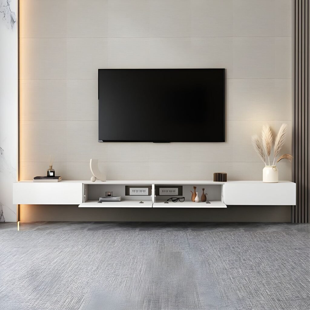 1200x12002 145 Sleek White Floating TV Stand with 2 Drawers, Stunning 71 inch Wall Mounted Media Console for Modern Luxury Spaces