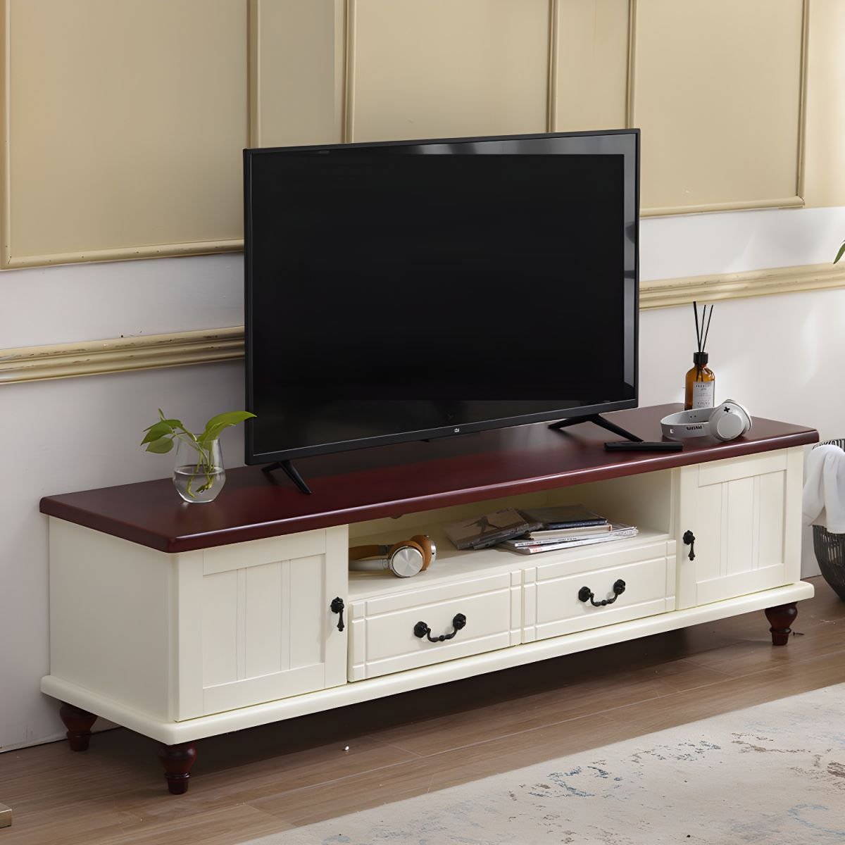 Chalk Art Deco Wooden TV Stand with Shelf, 2 Drawers, and 2 Cabinets - Image 3