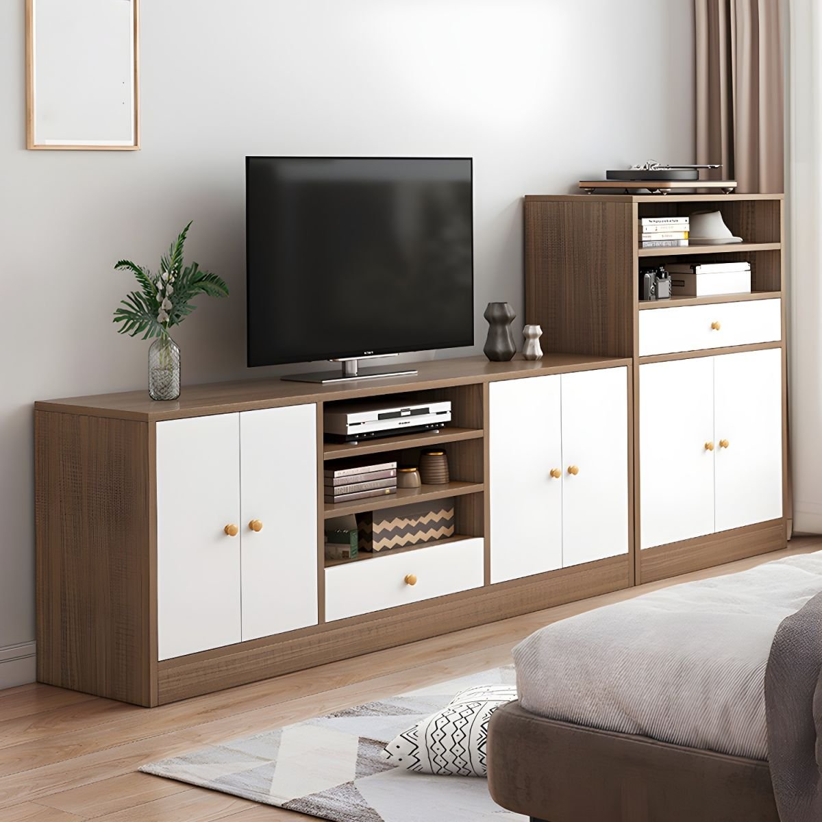 Modern Simple Style Lumber TV Stand with Shelf, 3 Cabinets, and Uncovered Storage - Image 3