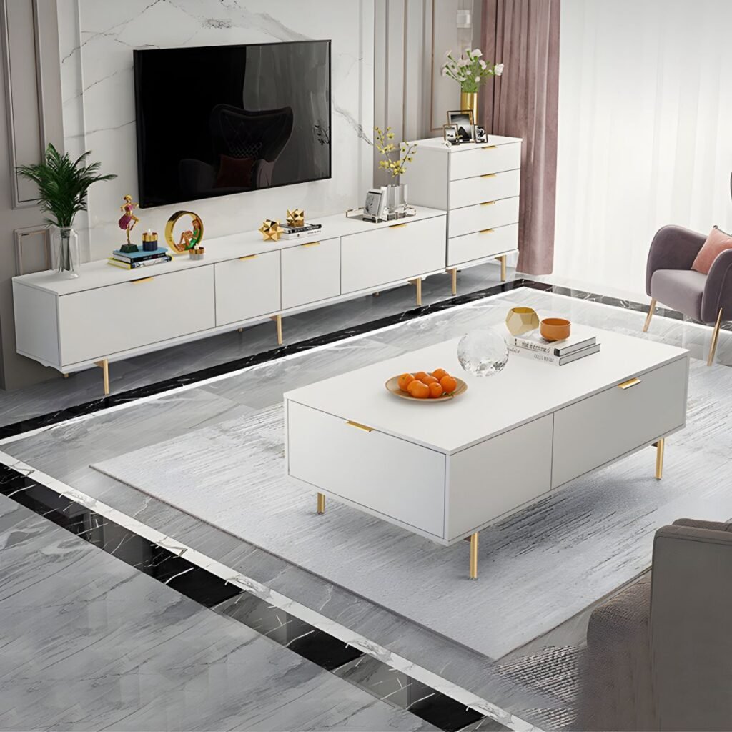 1200x12002 155 Modern White Gold TV Stand with 3 Drawers, Stunning 79 inch Media Center with Elegant Tapered Legs