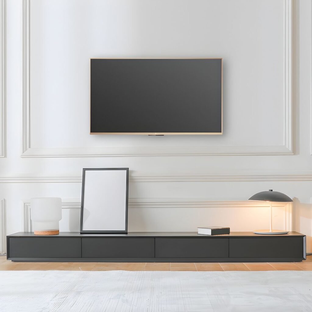 1200x12002 156 Black Wood Grain Media Base with 4 Drawers, Bold 71 inch Low Profile TV Console for Modern Living