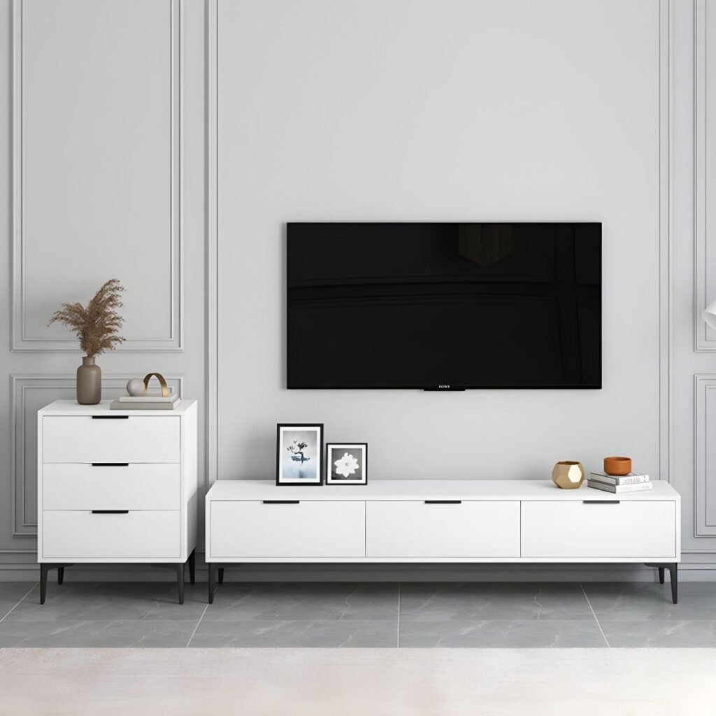 1200x12002 158 Elegant White Metal Leg TV Base with 4 Drawers, Radiant 79 inch Modern Media Center for Elite Living